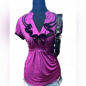 Y2K Vintage Purple And Black Babydoll Blouse Size Medium Fairycore Whimsical Top